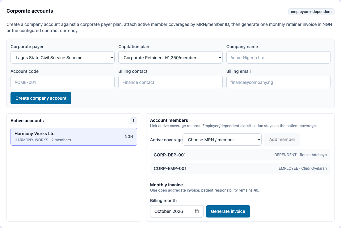 Corporate employee and dependent linked to the new account