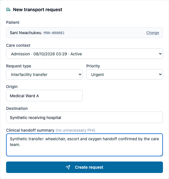 Named patient and admission with a transport safety handoff