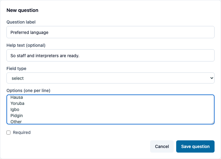 A "Preferred language" question