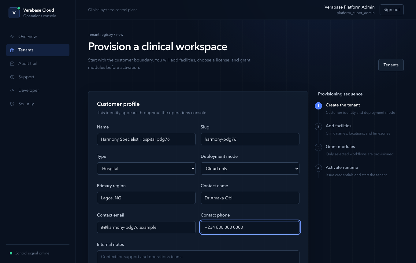 New tenant form with the provisioning sequence
