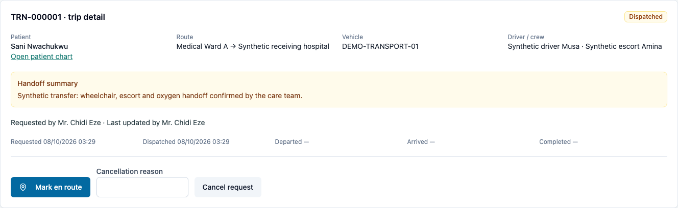 Dispatched trip with vehicle, crew and staff attribution