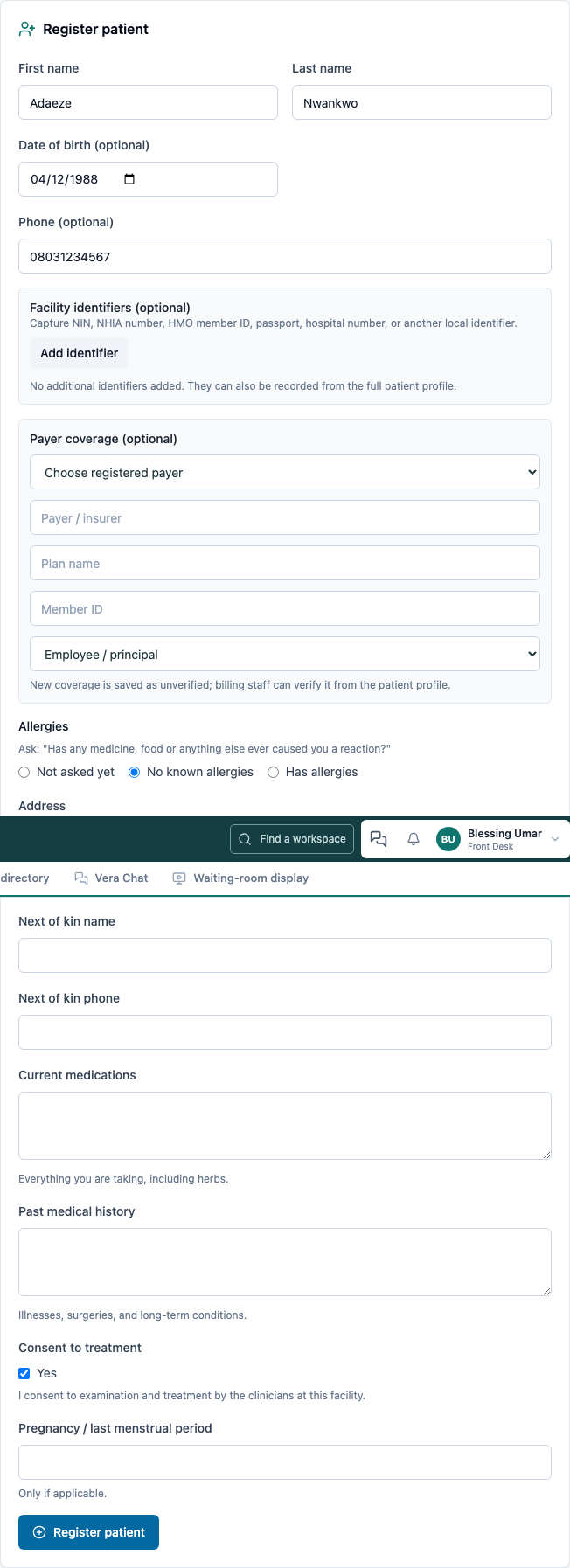 The registration form