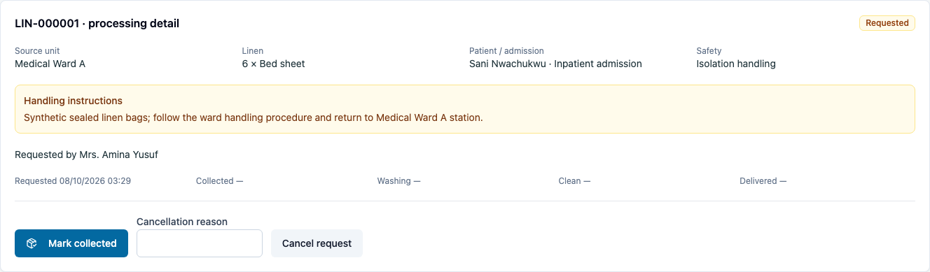 Saved request with visible instructions and requesting staff