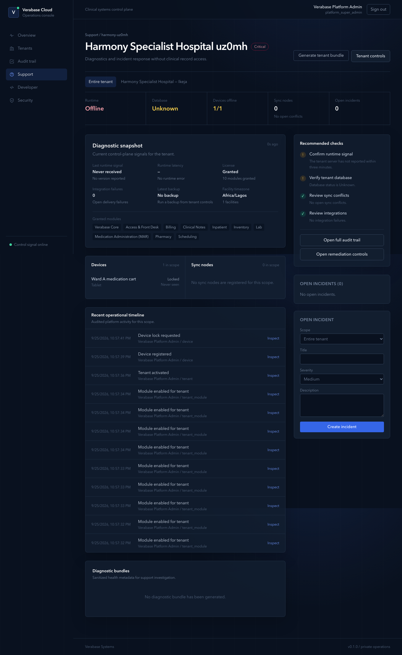 Tenant diagnostics for a hospital