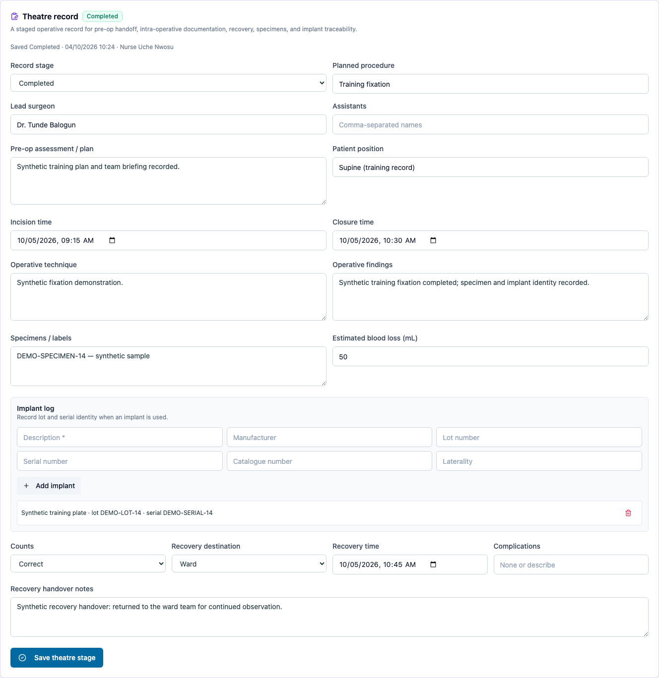 Completed theatre record with specimen, implant and recovery details