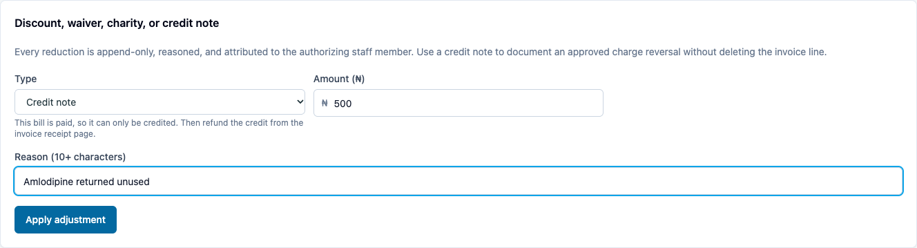 A credit note on a paid bill