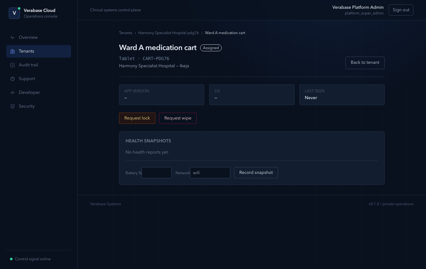 Device detail: never seen yet, with Request lock and Request wipe
