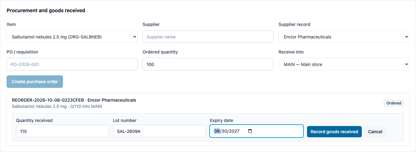 Receiving goods with lot and expiry