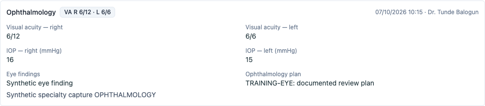 An eye observation with acuity, pressures, findings and plan