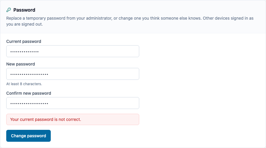 Wrong current password