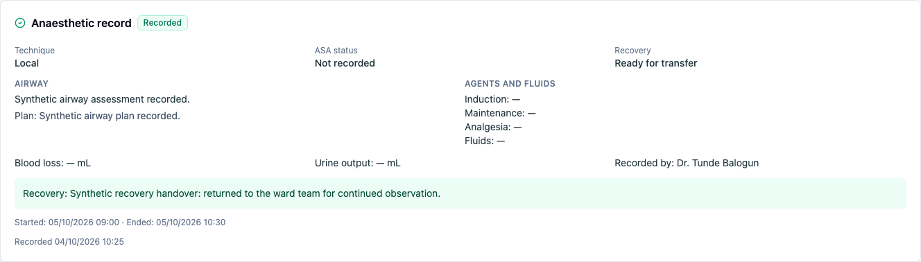 Saved anaesthetic record and recovery handoff