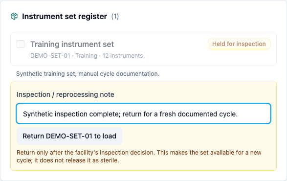 Held set with its inspection and reprocessing decision