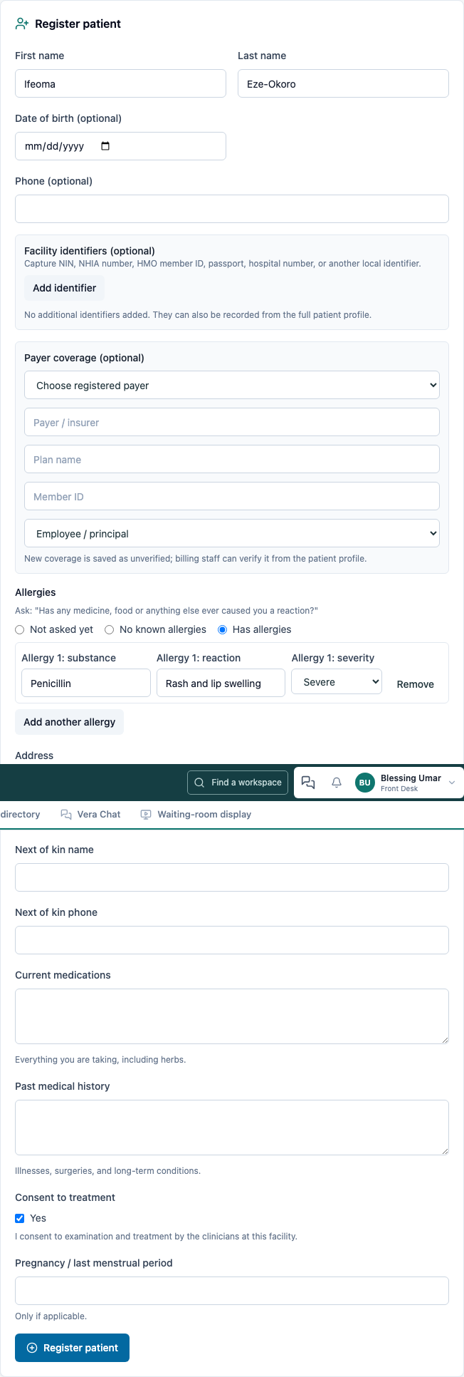 Recording an allergy at registration