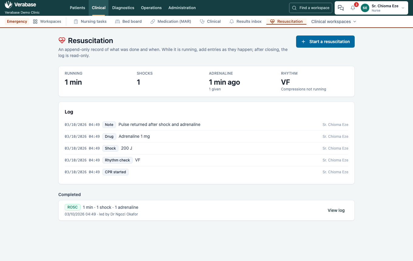Closed resuscitation record with its event history