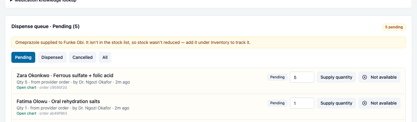 Supplied, not stock-tracked
