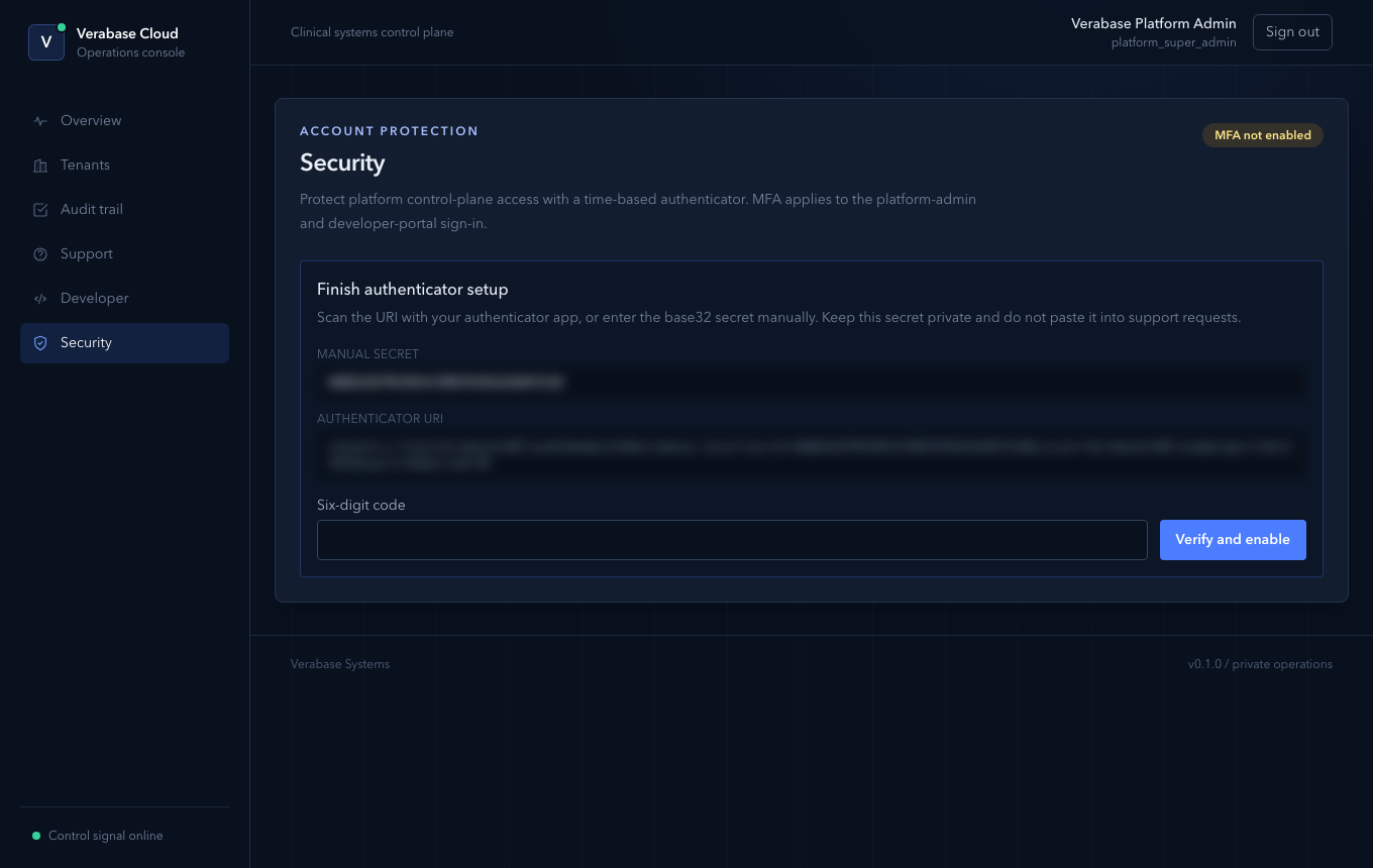 Finishing authenticator setup (secret blurred)