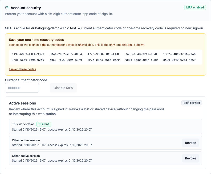 Recovery codes, shown once