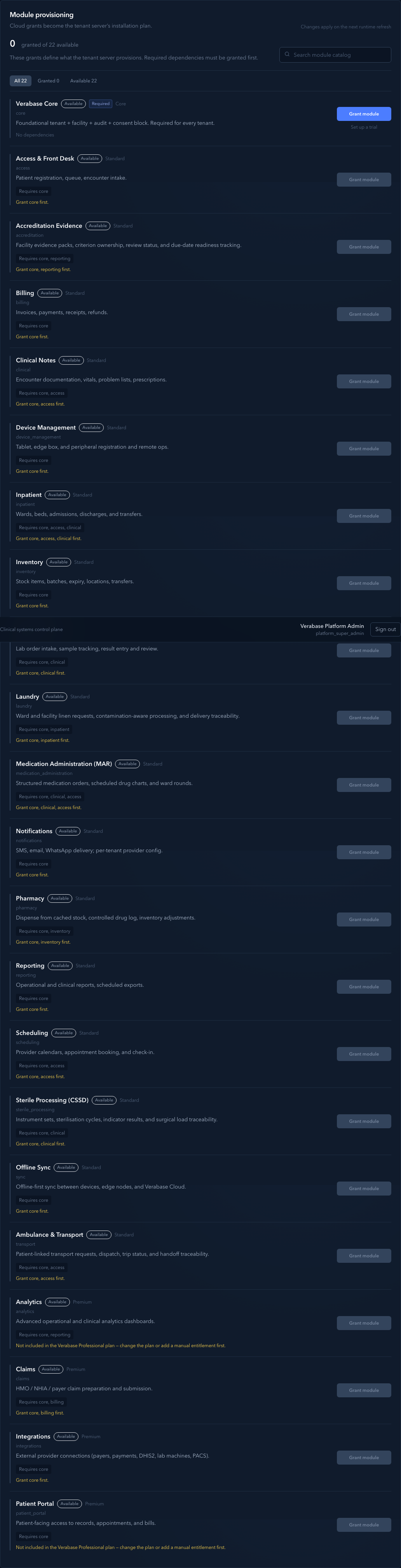 The module catalogue on a new tenant