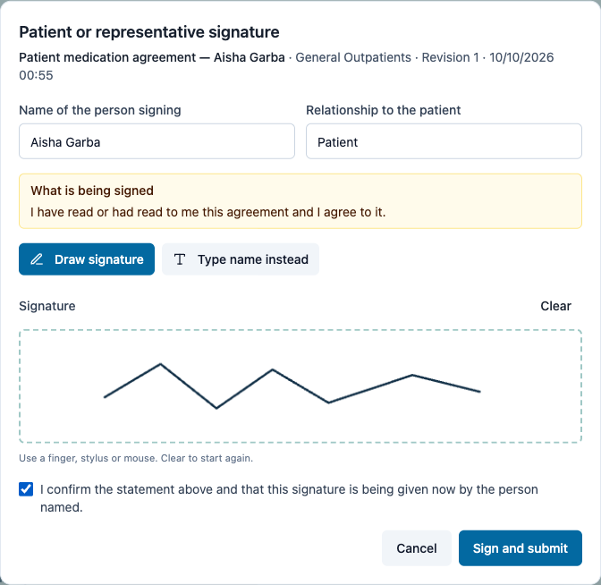 The patient signs on the canvas