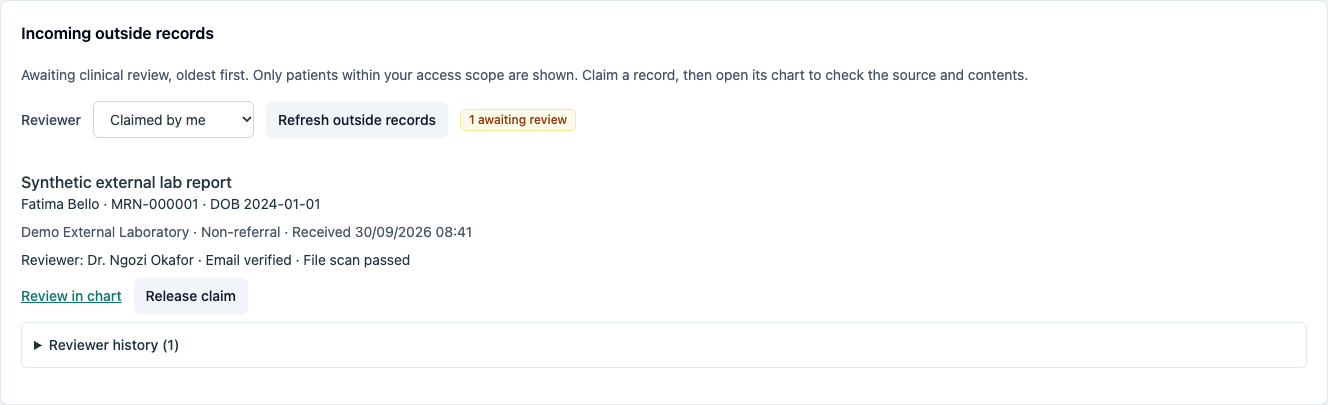 Claimed outside record in the clinical inbox