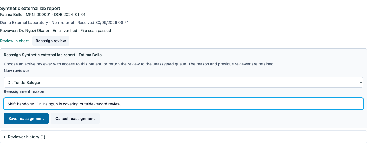 Supervisor names the covering reviewer and records the reason