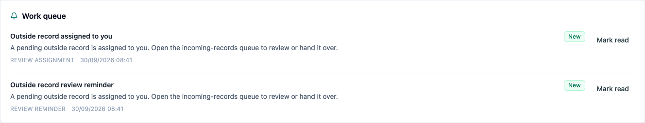 Assignment notice and overdue review reminder in the new reviewer's inbox