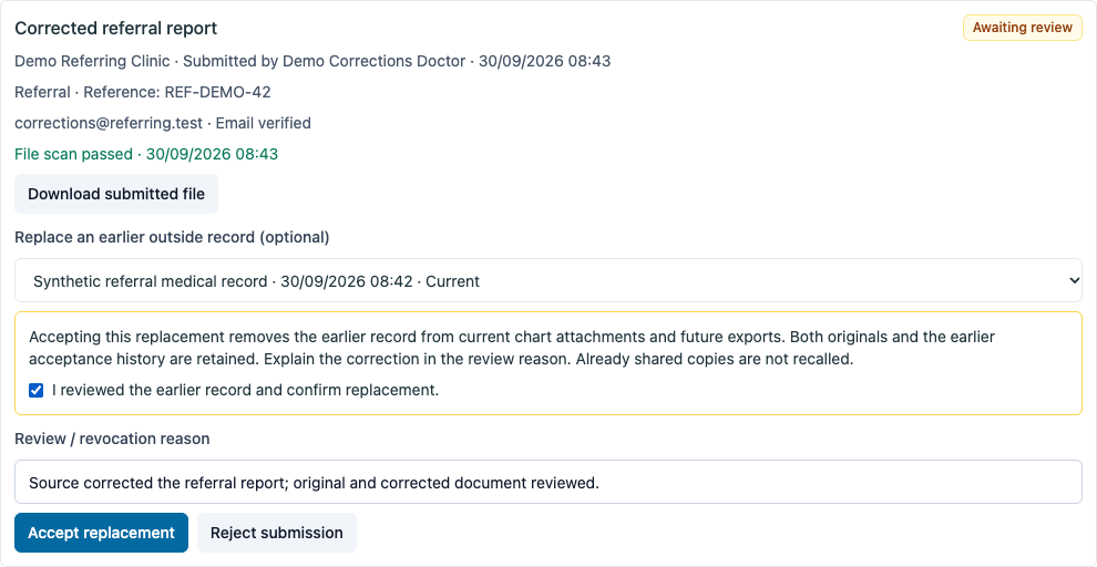 Clinician selects and confirms the earlier record being replaced