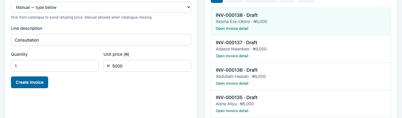 Invoices listed by patient