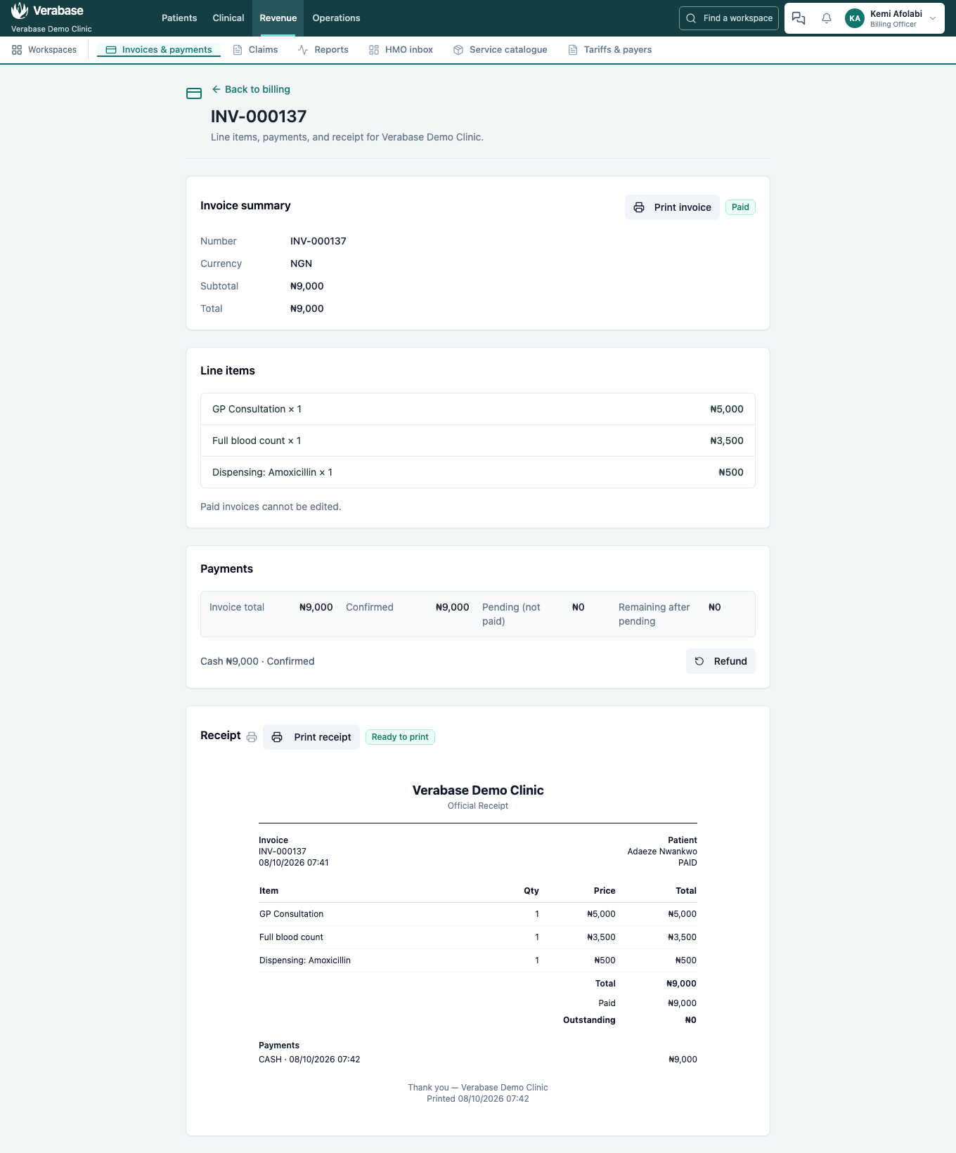 The printable receipt